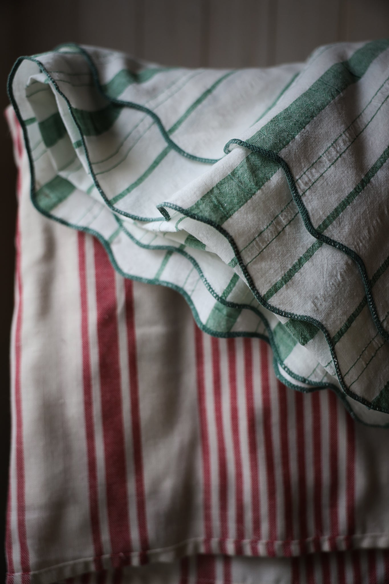 Green and White stripped tablecloth