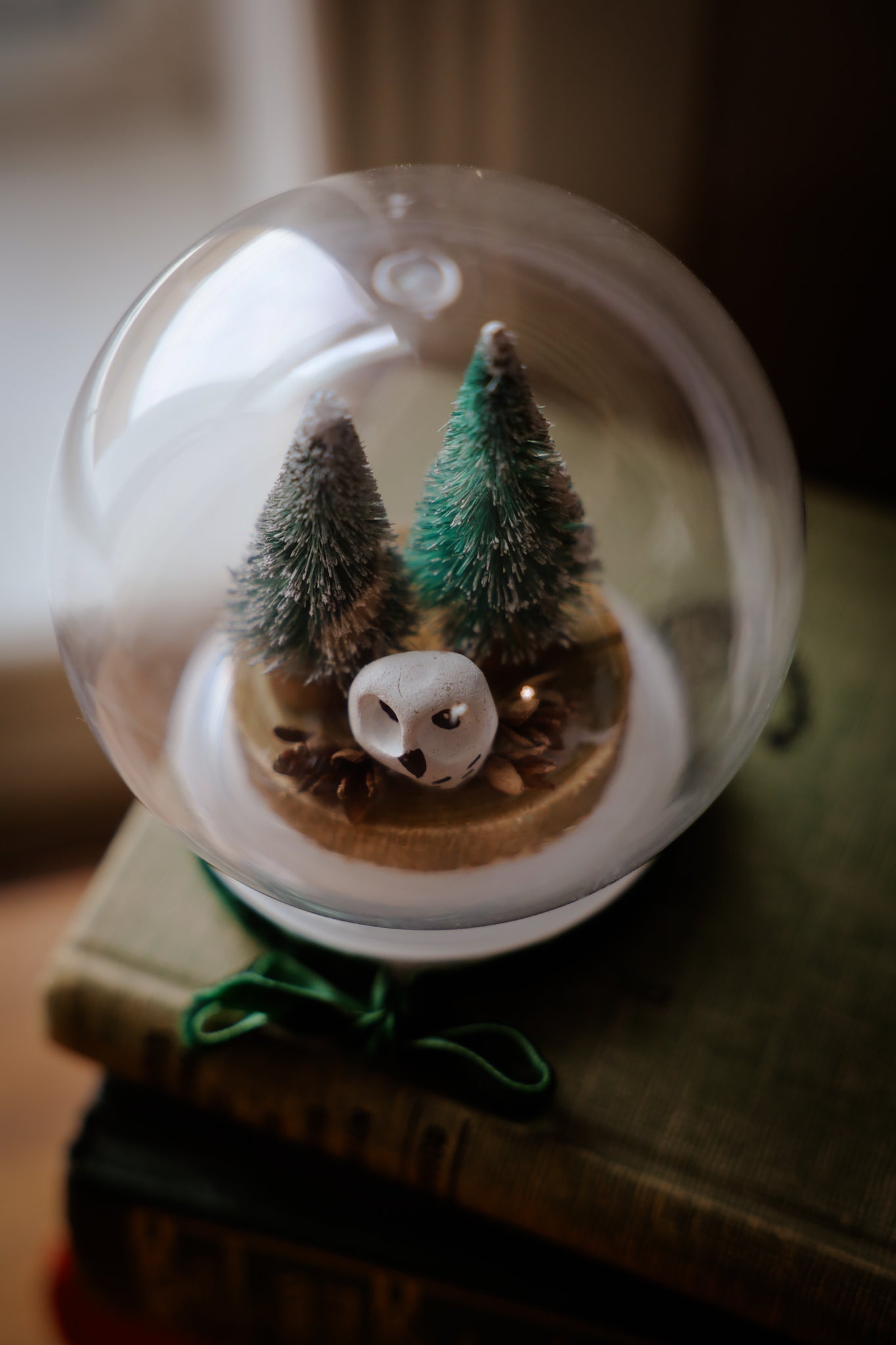Snow Globe with owl with Green Ribbon