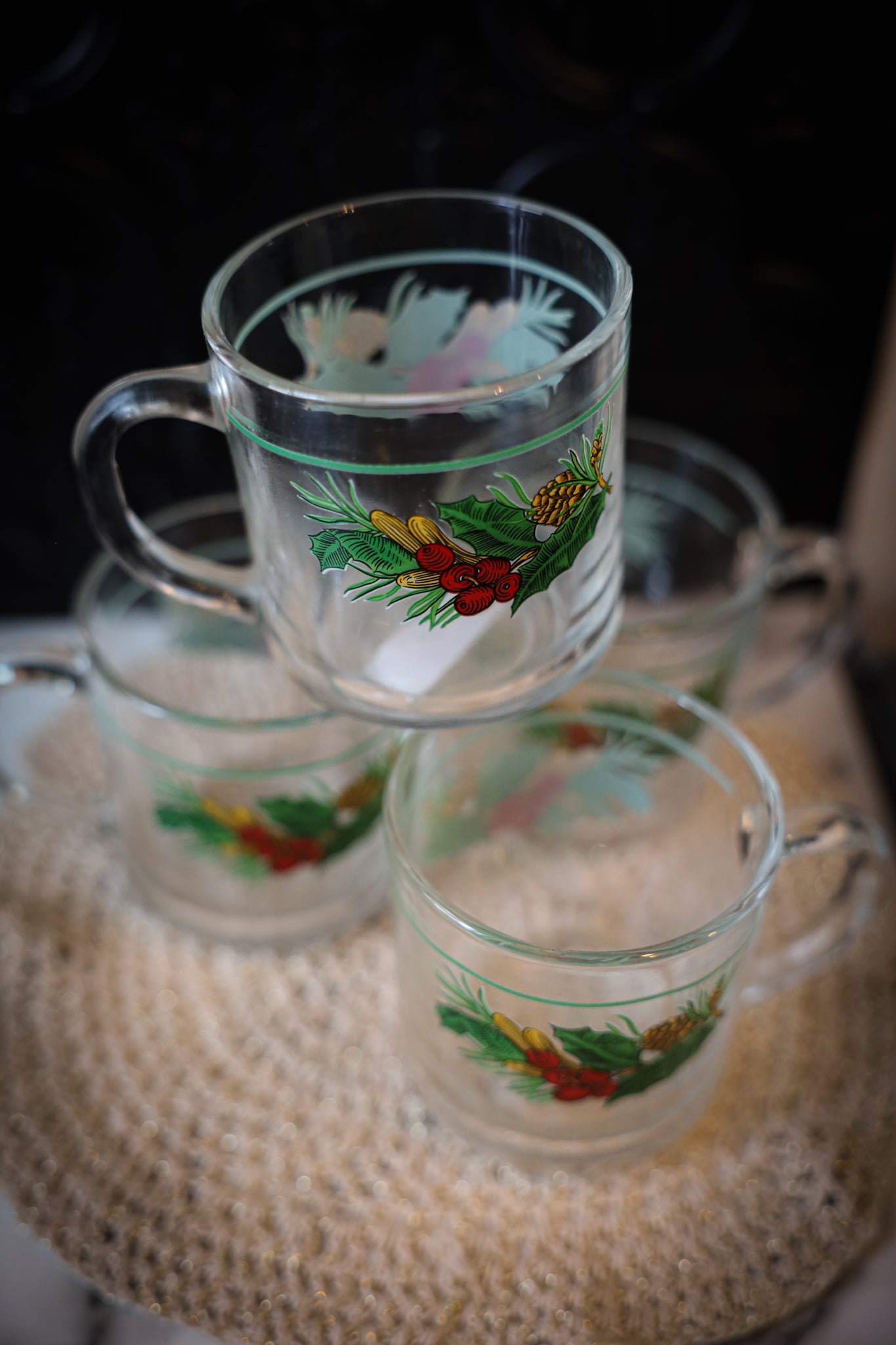 Vintage Glass Cups-Holiday Greenery
