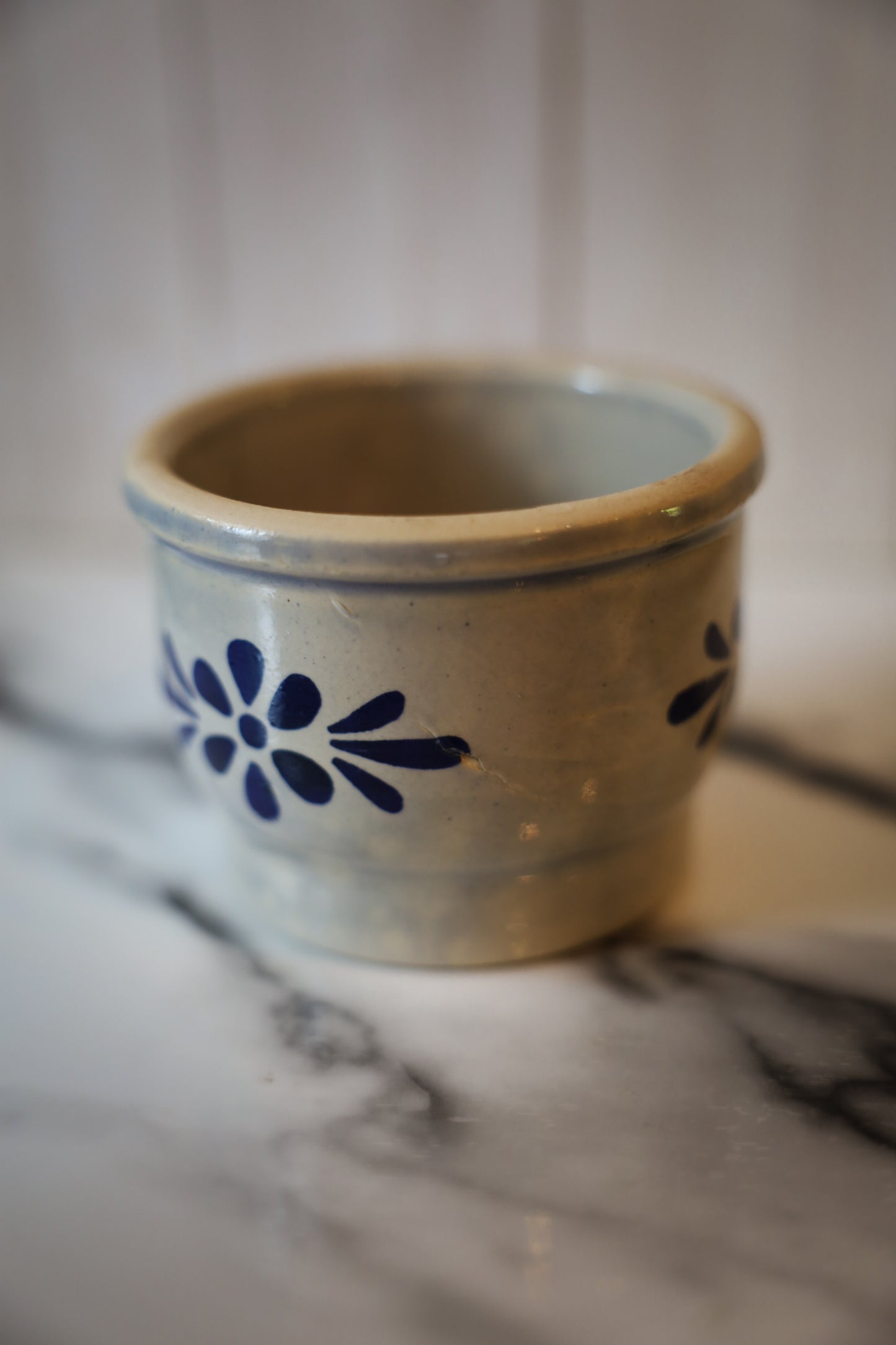 Vintage Stoneware Crock with Blue Floral Detail