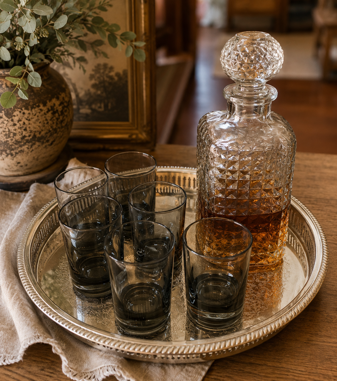 Vintage Silver-Plated Tray with Glass Decanter & Six Smoky Glasses