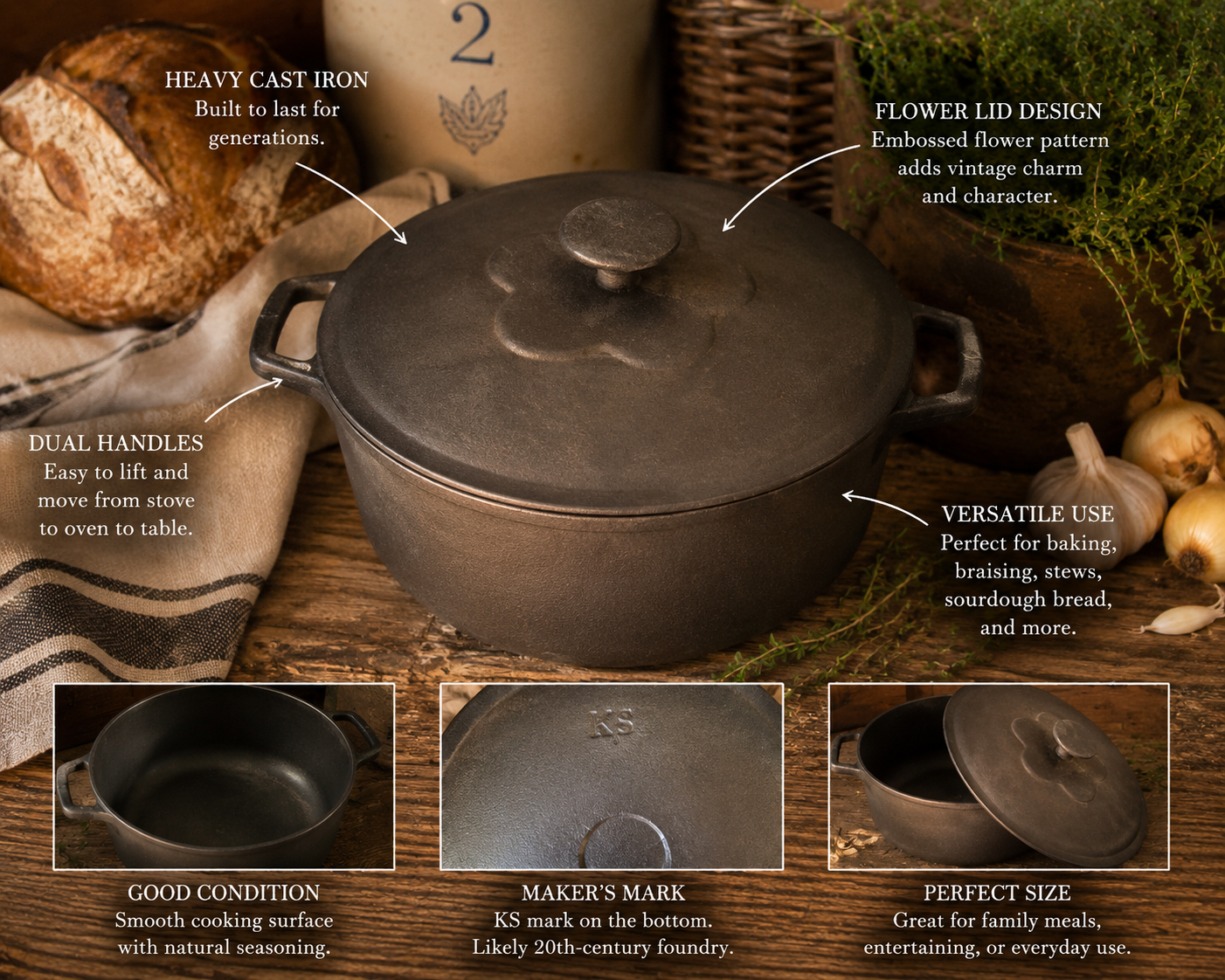 Vintage Cast Iron Dutch Oven with Lid