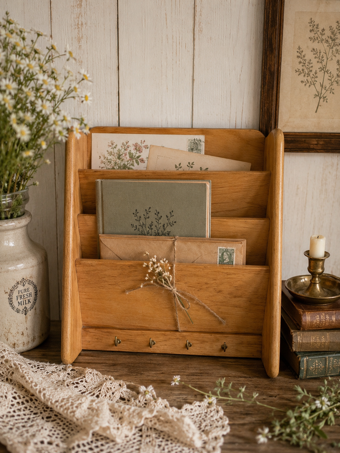 Vintage Wooden Wall Letter Holder with Key Hooks