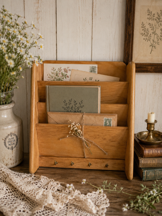 Vintage Wooden Wall Letter Holder with Key Hooks