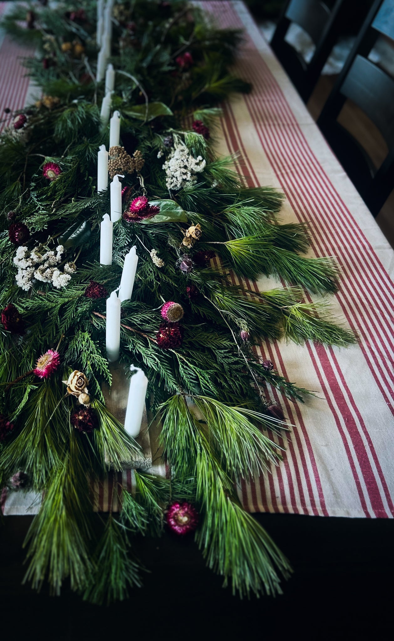 Off-white and red stripped tablecloth