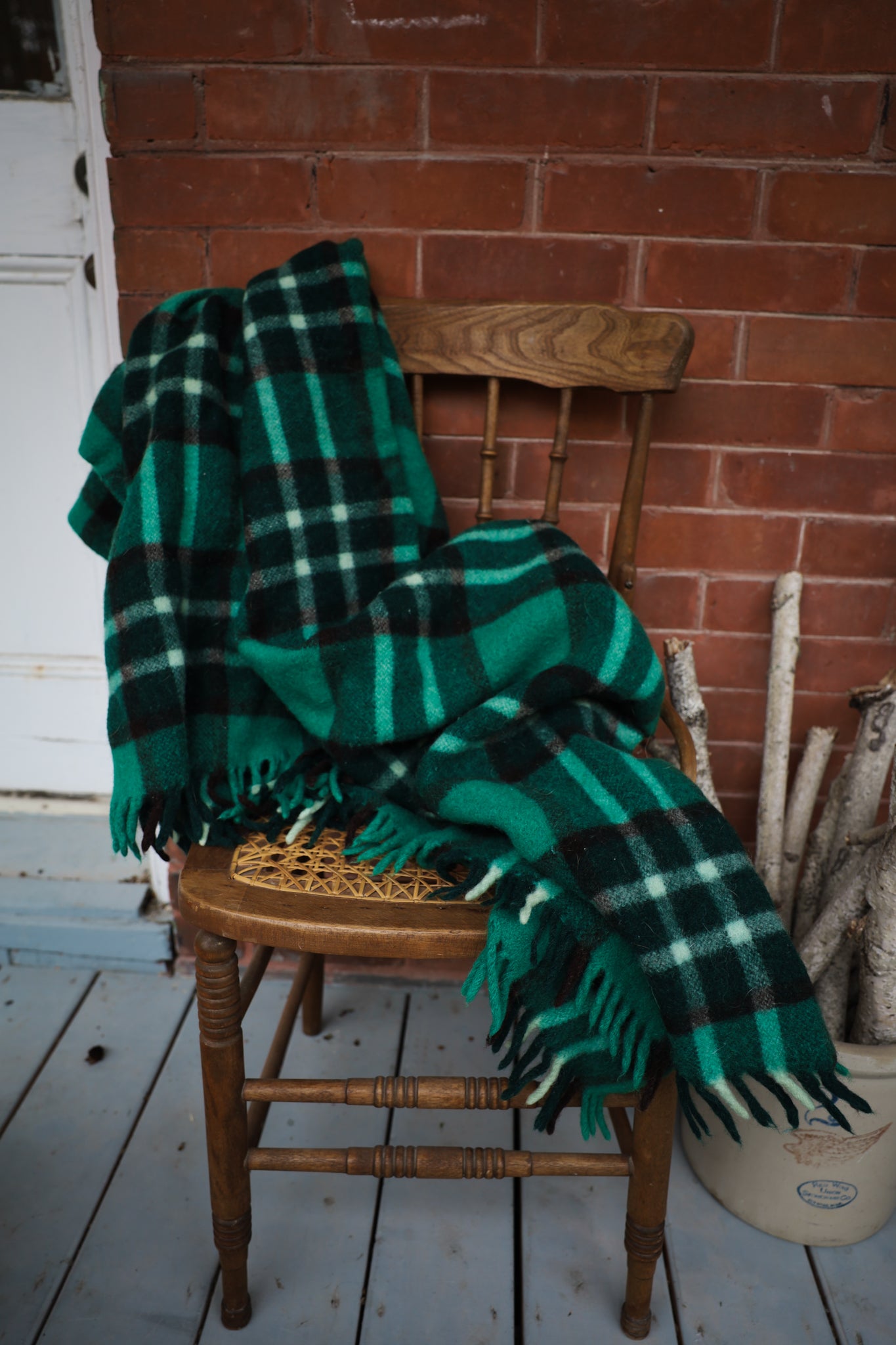 Green Plaid Vintage Wool Blanket