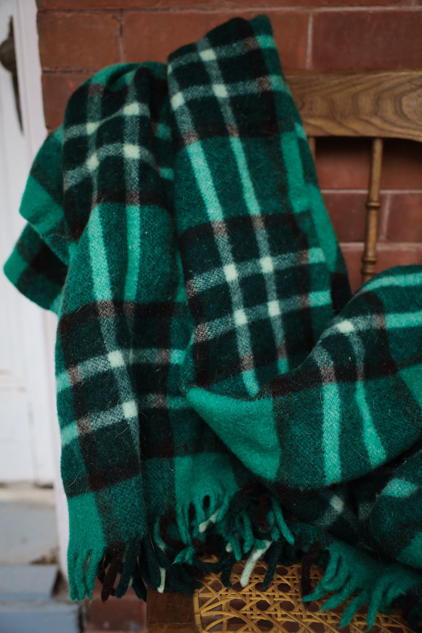 Green Plaid Vintage Wool Blanket