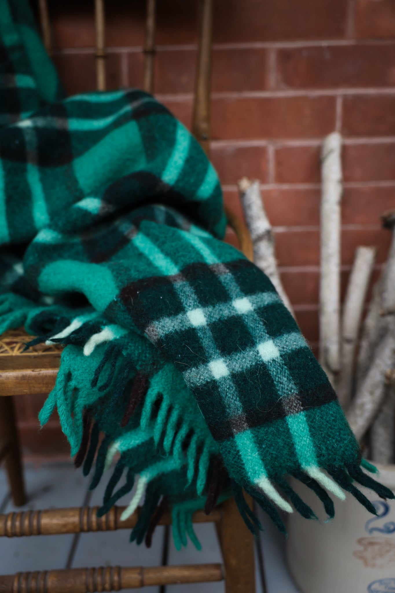 Green Plaid Vintage Wool Blanket