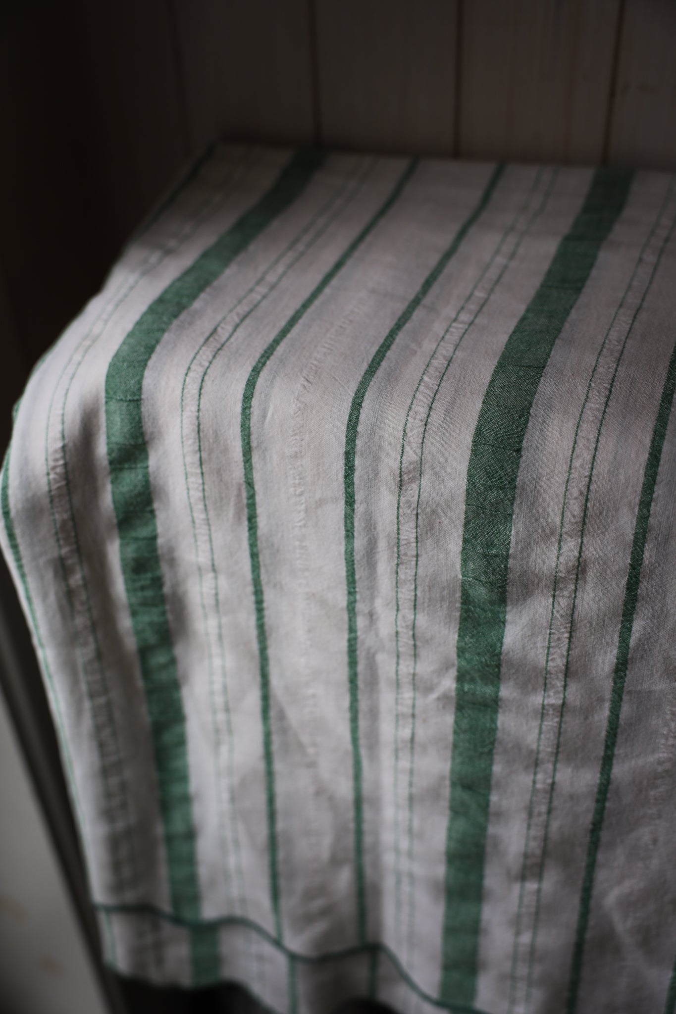 Green and White stripped tablecloth