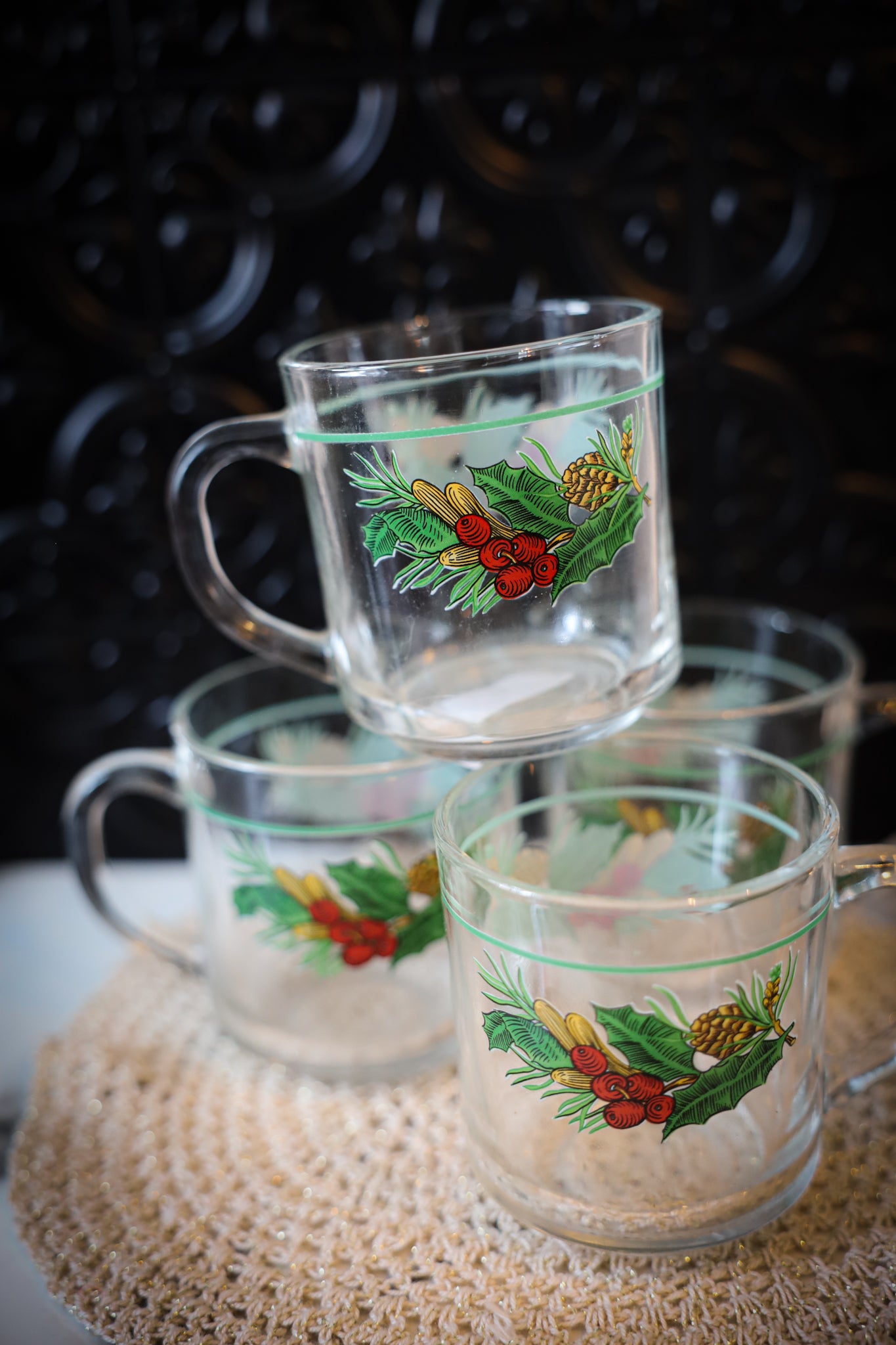 Vintage Glass Cups-Holiday Greenery