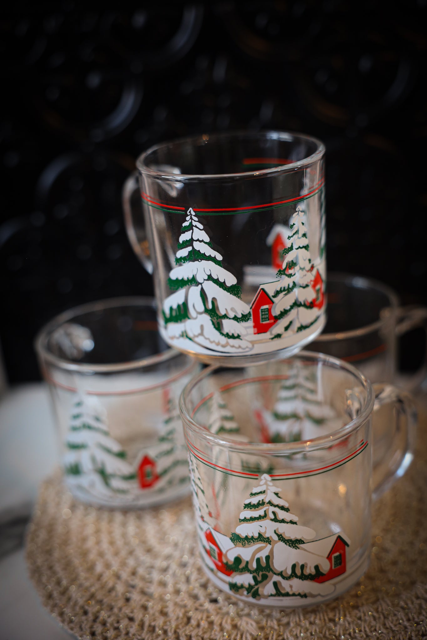 Vintage Glass Cups-Christmas Scene