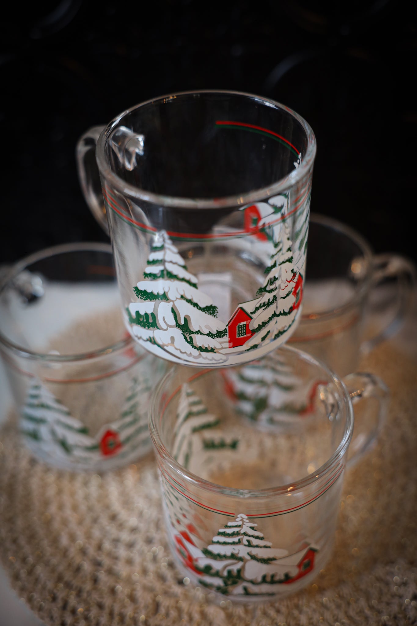Vintage Glass Cups-Christmas Scene