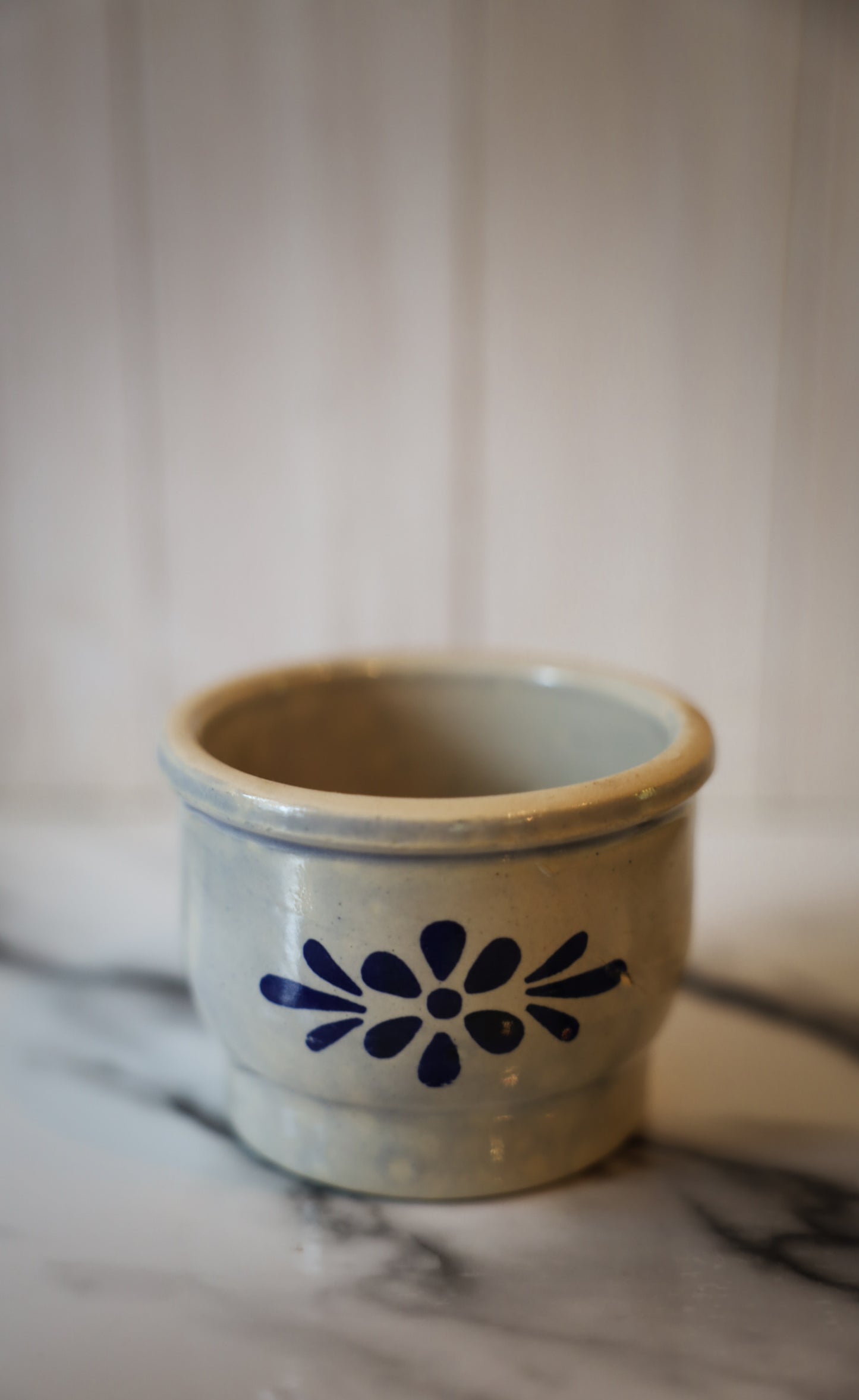Vintage Stoneware Crock with Blue Floral Detail