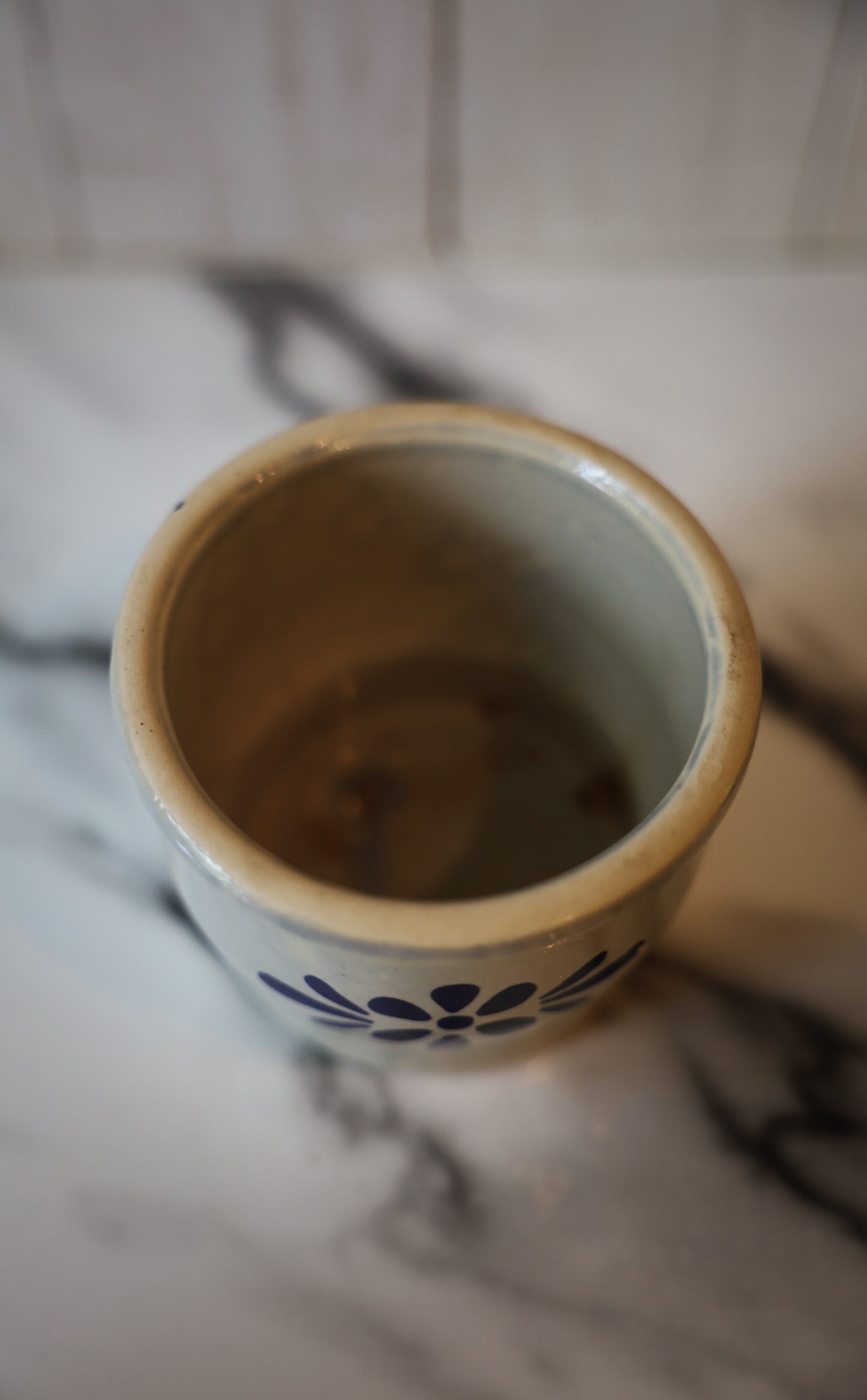Vintage Stoneware Crock with Blue Floral Detail
