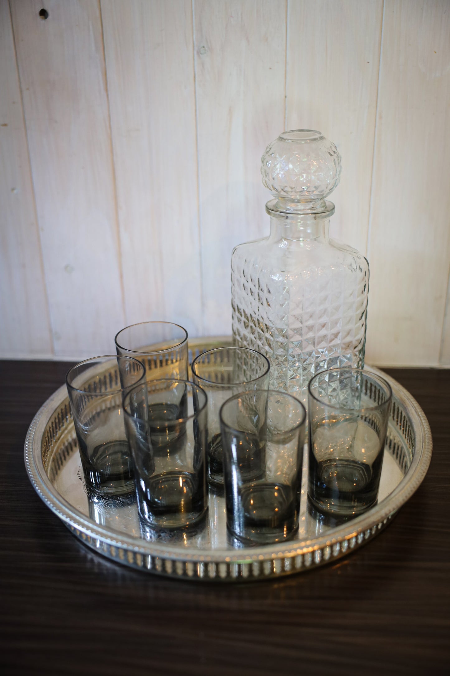 Vintage Silver-Plated Tray with Glass Decanter & Six Smoky Glasses