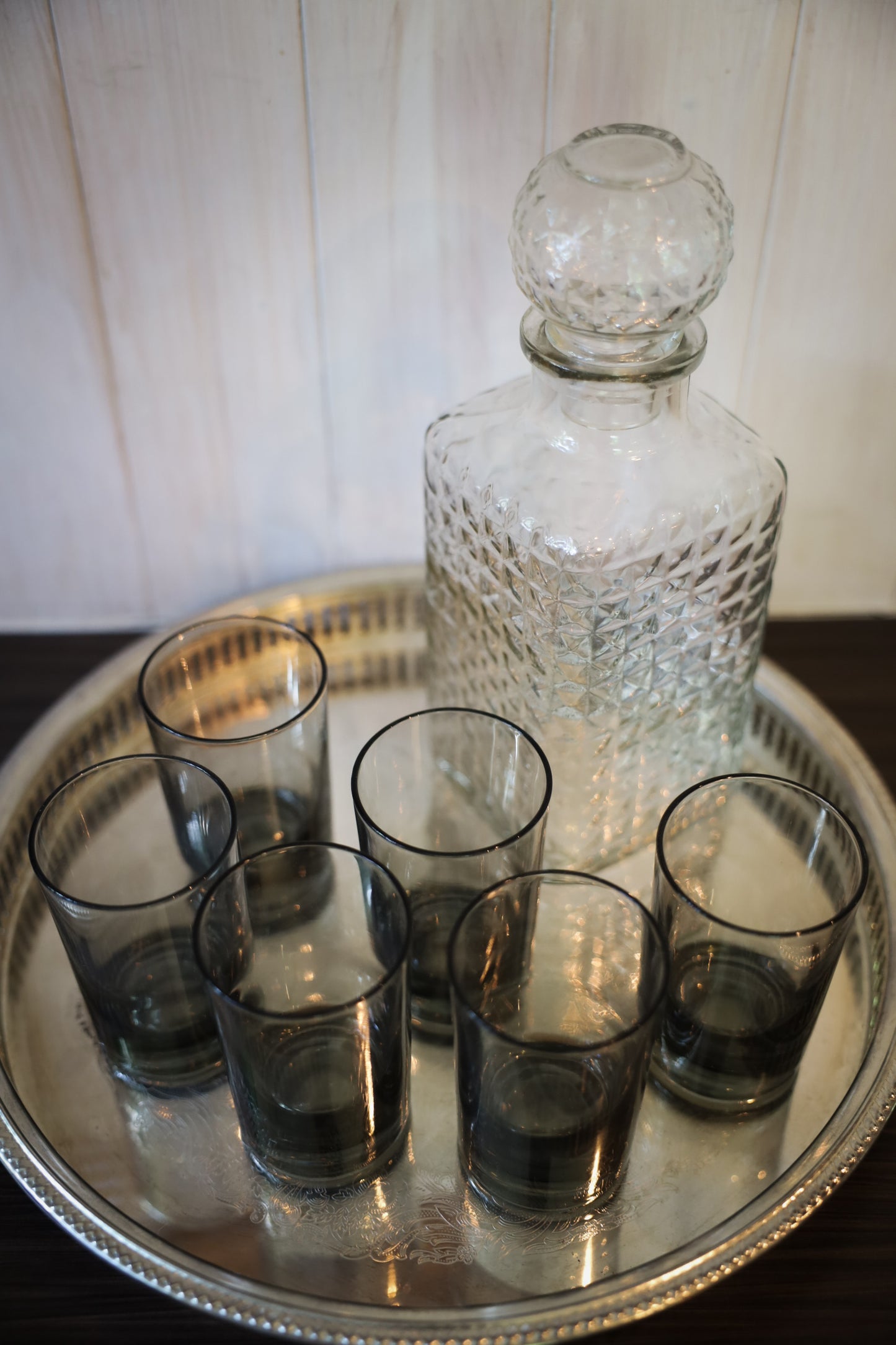 Vintage Silver-Plated Tray with Glass Decanter & Six Smoky Glasses