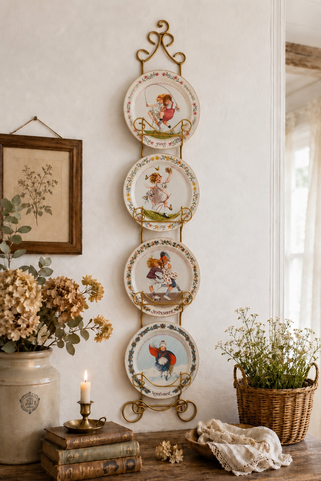 Vintage Four Seasons Collector Plate Display with Brass Wall Rack | Sarah Stilwell Weber Collection